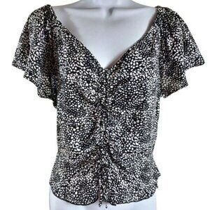 Japna Black White Smocked Peplum Blouse L Short Sleeve Boho Ruffle Hem Viscose